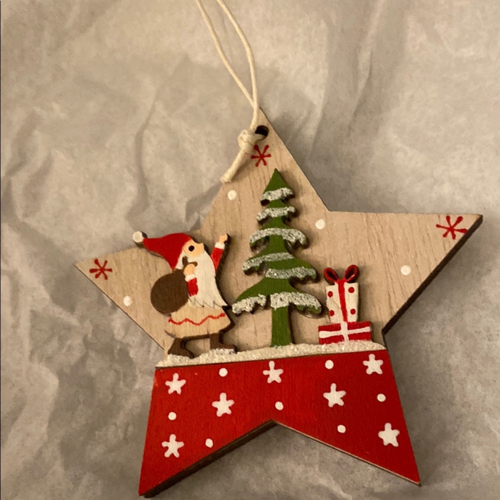 Midwest Gifts Rustic Red and Green Christmas Star Ornament with carved scene.
